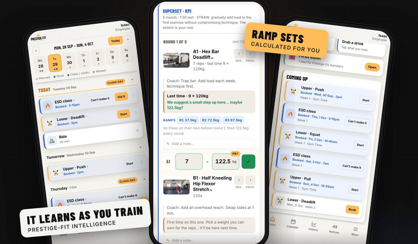 The Prestige-Fit app: this week's plan, a superset with last time's numbers and ramp sets, and what's coming up